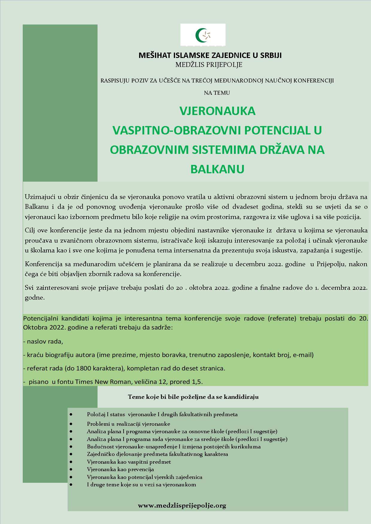konferencija-vjeronauka Prijepolje.jpg - Poziv za učešće na naučnoj konferenciji u Prijepolju: Vjeronauka - vaspitno-obrazovni potencijal u obrazovnim sistemima država na Balkanu